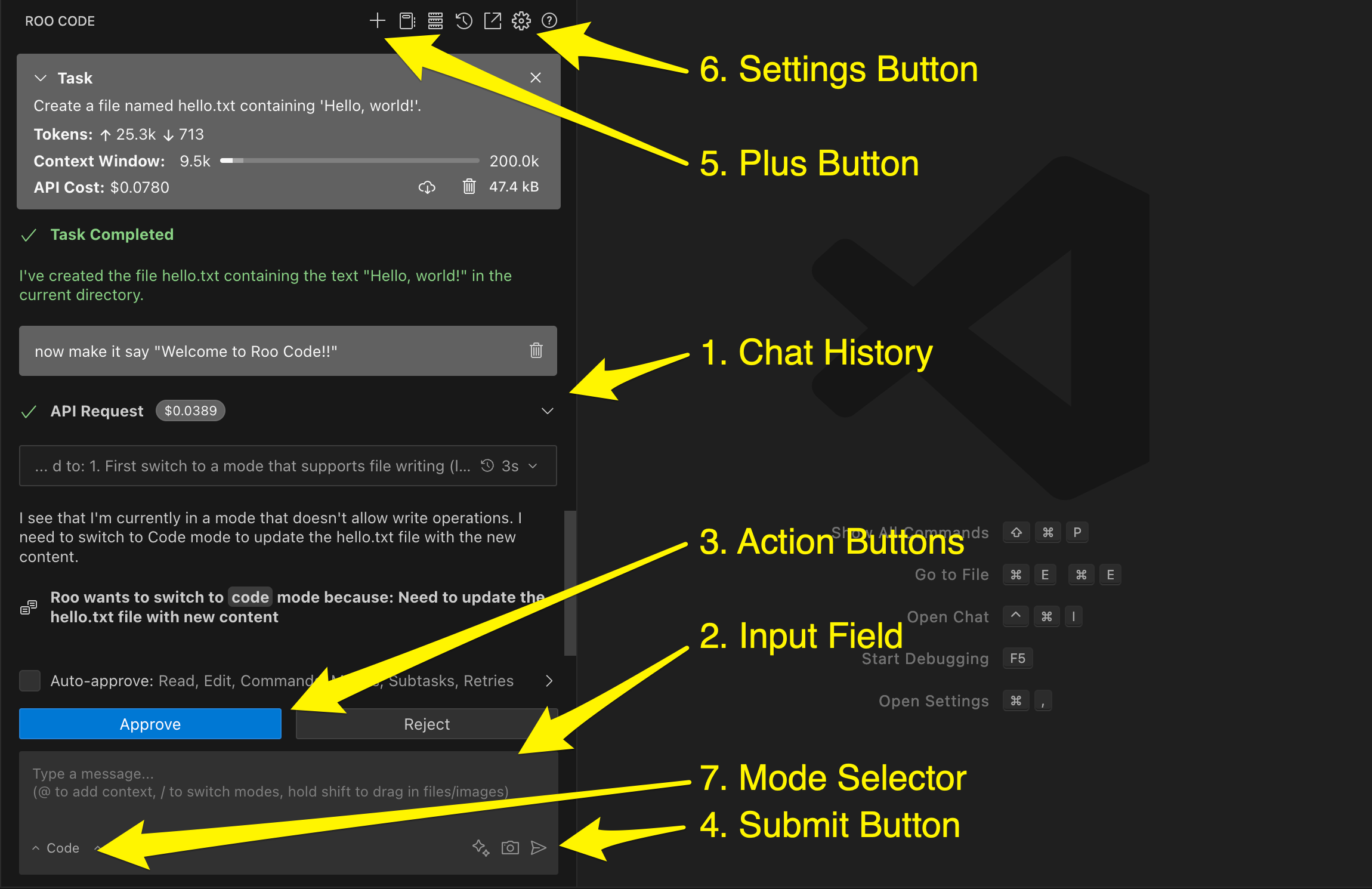Chat interface components labeled with numbered callouts